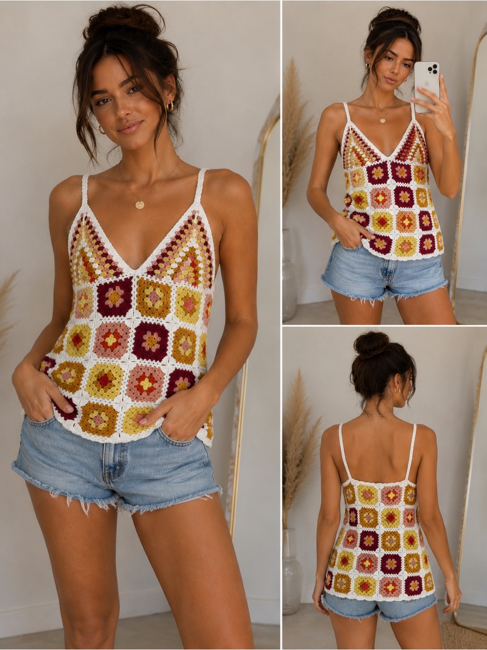 Forever 21 Crochet Patchwork V-Neck Camisole in White, Yellow & Burgundy